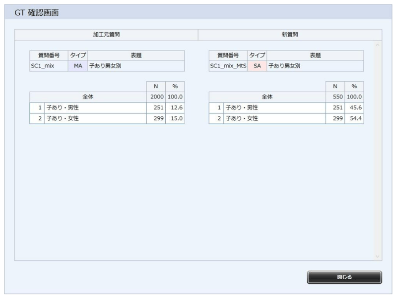 【SAに修正する場合③】GTで加工前のMAと加工後のSAの数値が変わっていないことを確認します。 確認後「閉じる」ボタンでMA To SA画面に戻り、「新質問として追加」ボタンをクリックします。