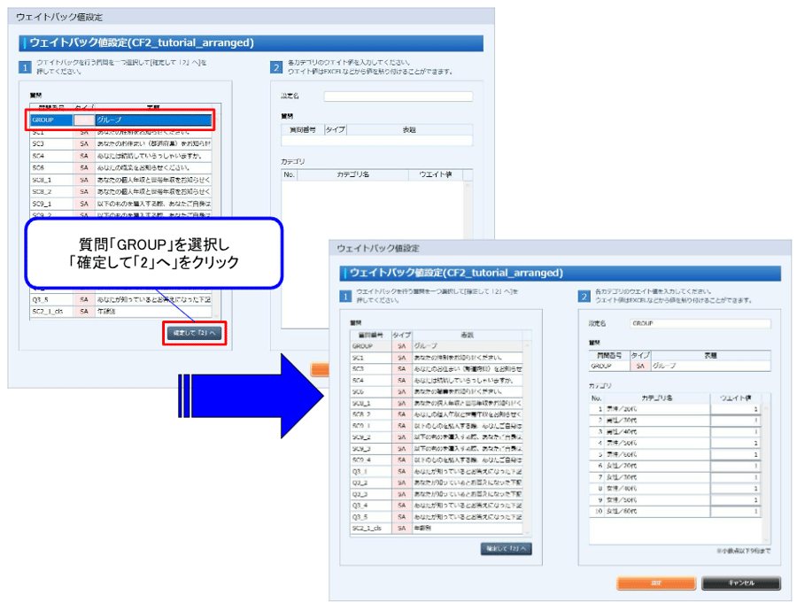 ① 性年代ごとにウェイトバック値を設定します。 サンプルデータには性年代別のフラグ（GROUP）が付加されています。 今回はこの「GROUP」を使用して設定します。