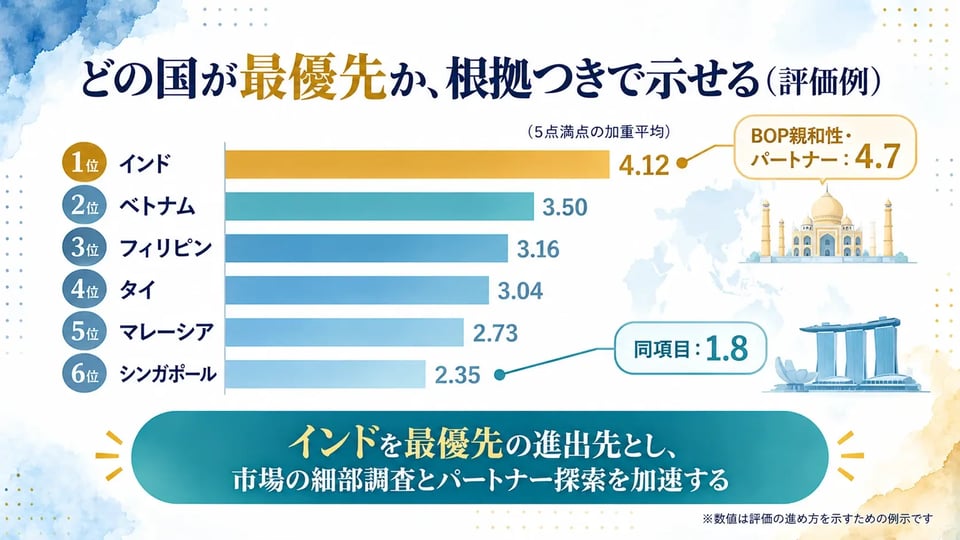 どの国が最優先か、根拠つきで示せる(評価例):インド4.12、ベトナム3.50、フィリピン3.16、タイ3.04、マレーシア2.73、シンガポール2.35