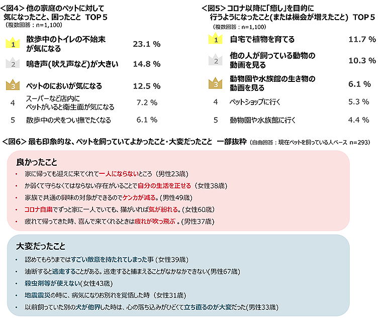 図4 他の家庭のペットに対して気になったこと・困ったこと、図5 コロナ以降に「癒し」を目的に行うようになったこと(または機会が増えたこと)、図6 最も印象的な、ペットを飼っていてよかったこと・大変だったこと